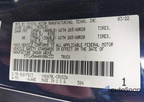 2022 Toyota Tundra Sr5 z USA, uszkodzony, nr VIN 5TFLA5AA4NX006333